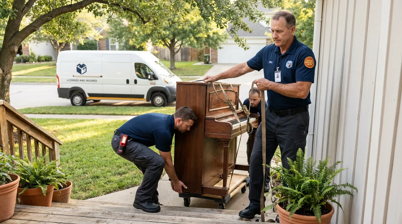 Licensed piano movers securing grand piano in Chaska, MN