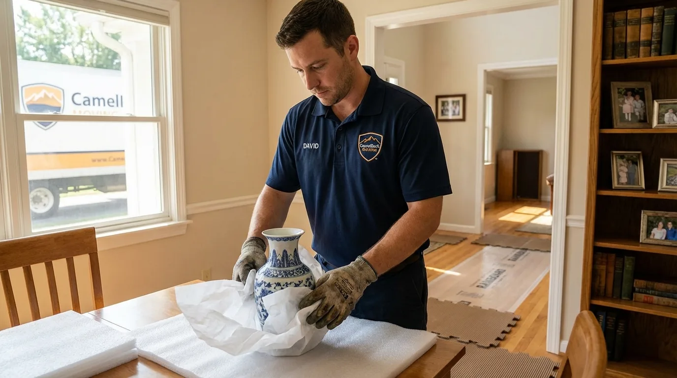 Professional crew carefully wrapping antique vase for senior downsizing move in Chaska, MN